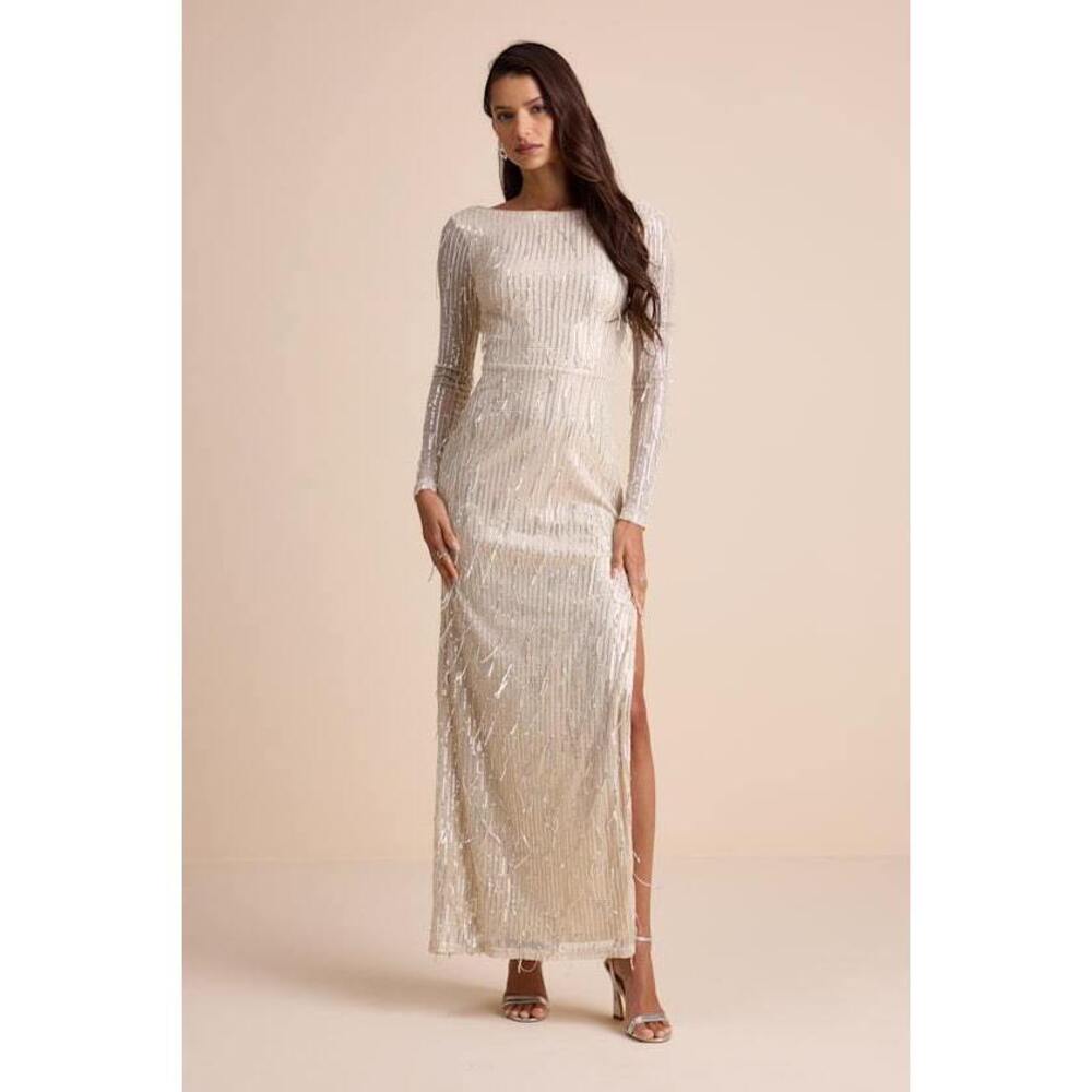 Lulus Glittery Devotion Champagne Sequin Fringe Maxi Dress Gold - Size S